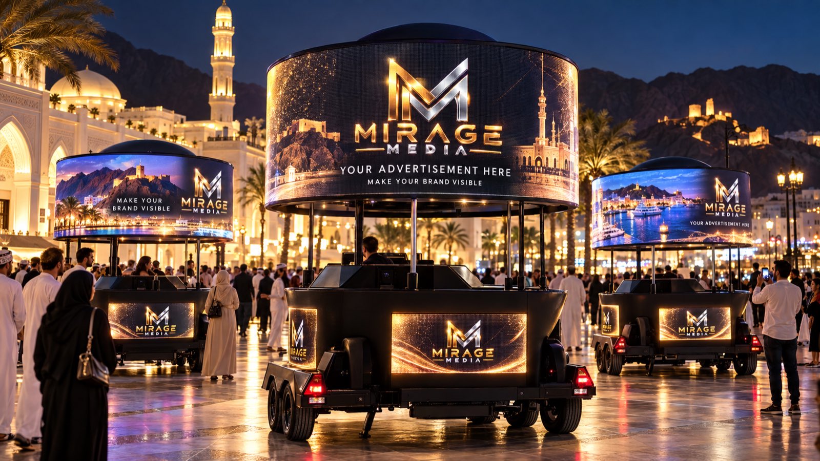 Three Mirage Balls with 360° LED screens at an evening event in Muscat (concept visual)