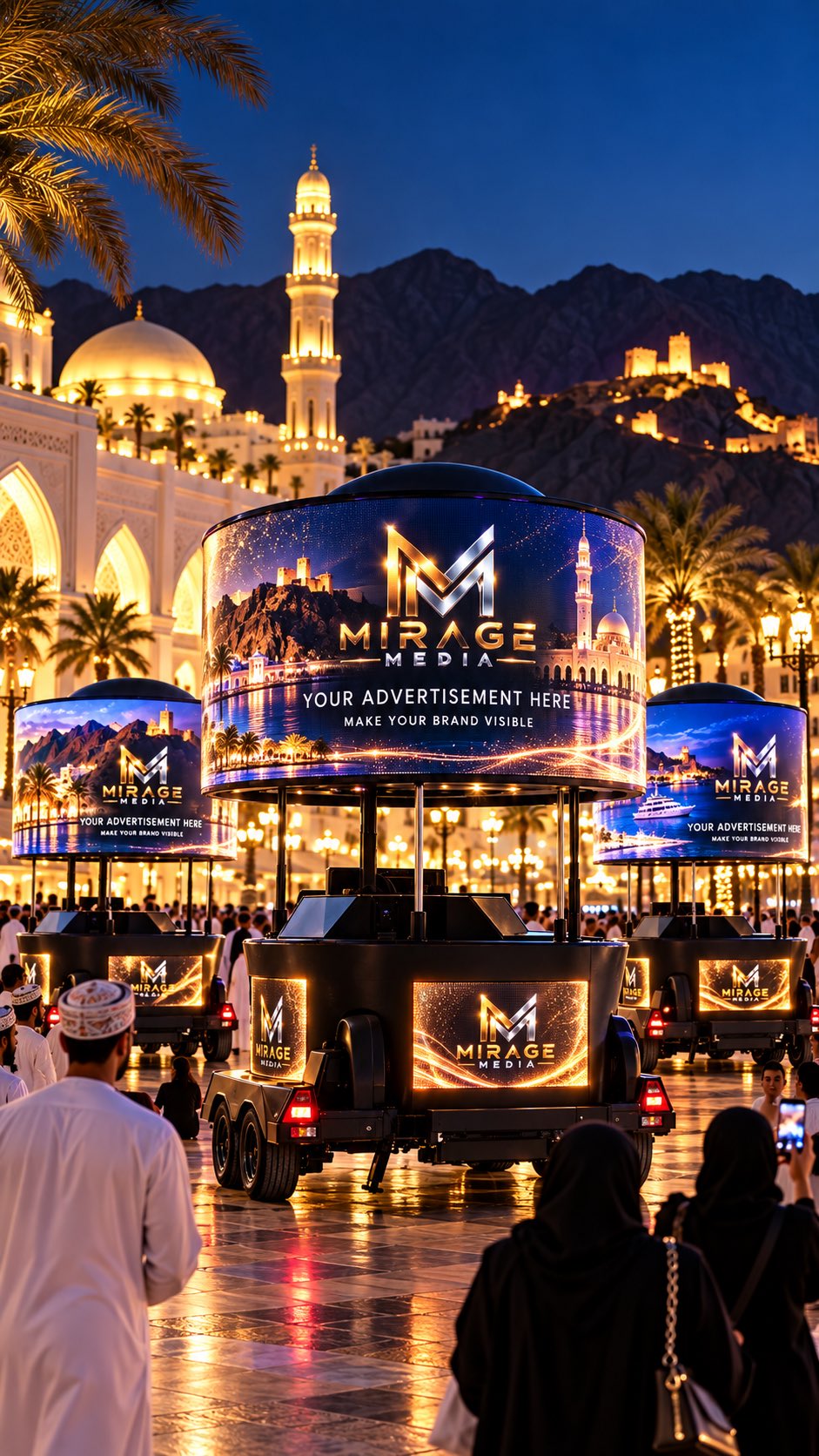 Mirage Ball 360° LED kiosk surrounded by guests at a night event in Muscat (concept visual)