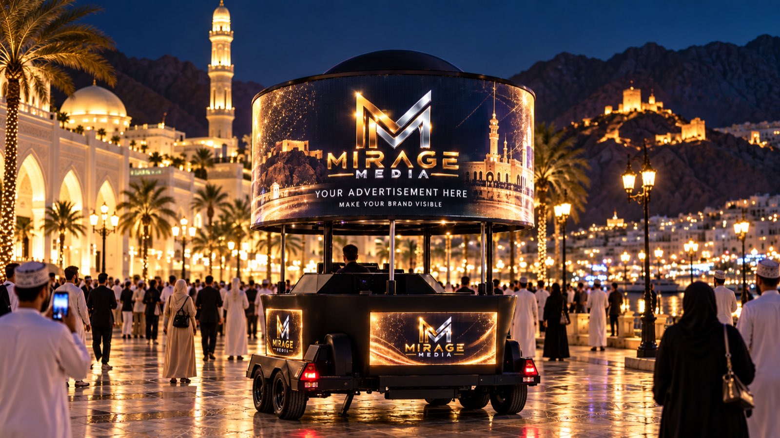 Mirage Ball with its 360° LED screen on the Muscat waterfront at night (concept visual)