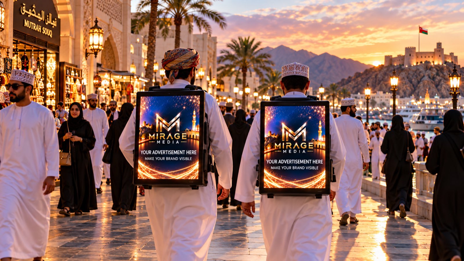 Brand ambassadors wearing Mirage LED backpacks near Mutrah Souq (concept visual)