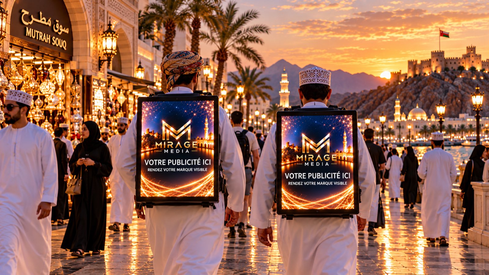Ambassadeurs de marque portant des sacs à dos LED Mirage près du souk de Mutrah (visuel de concept)