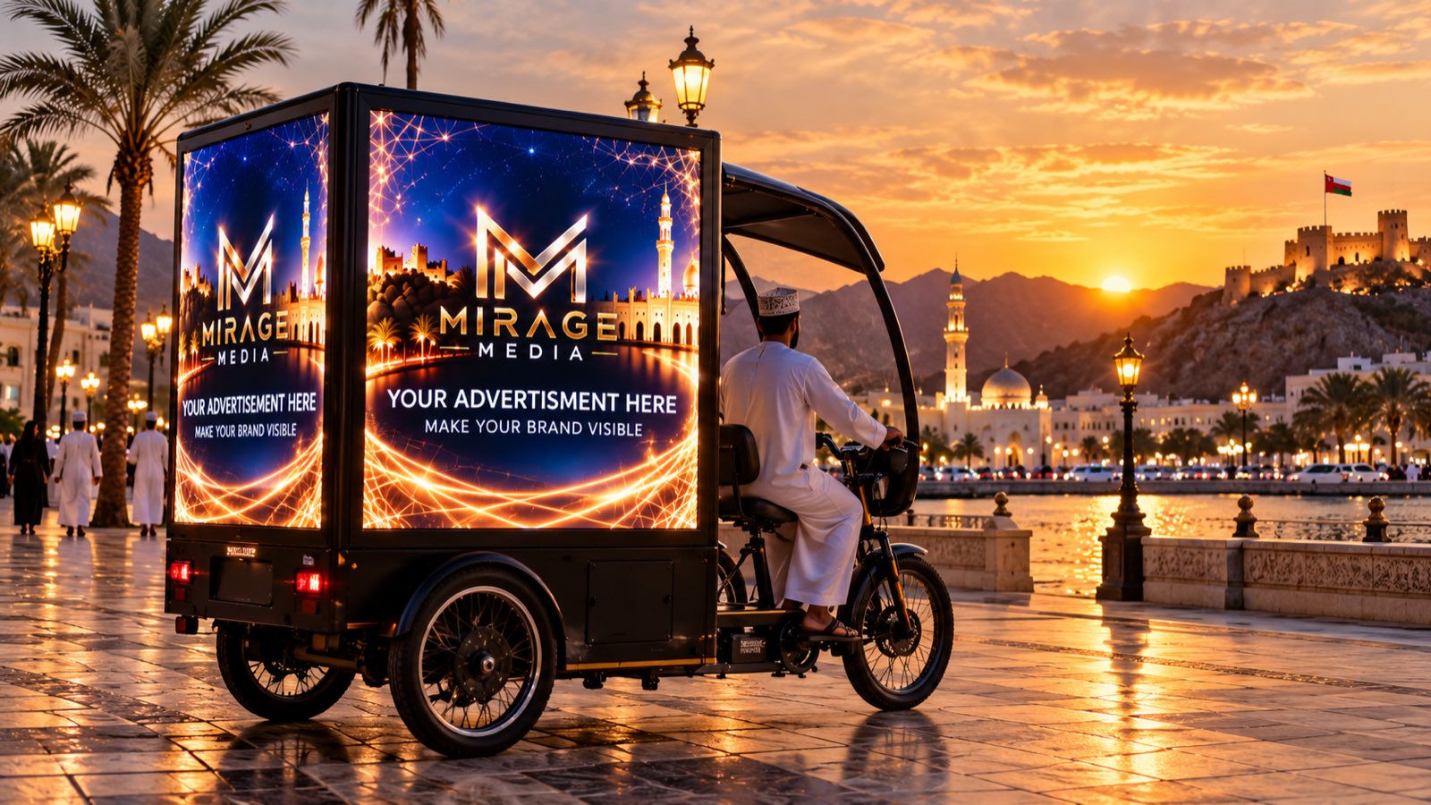 Mirage LED bike with illuminated screens on the Muttrah Corniche at sunset (concept visual)