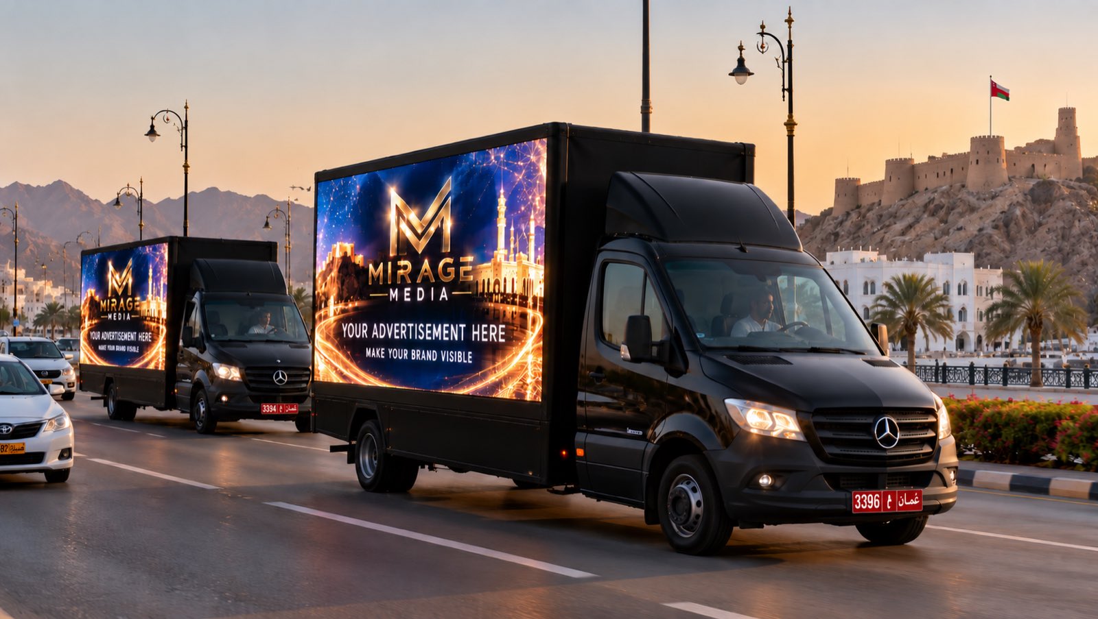 Mirage LED trucks with digital screens driving along the Muscat corniche (concept visual)