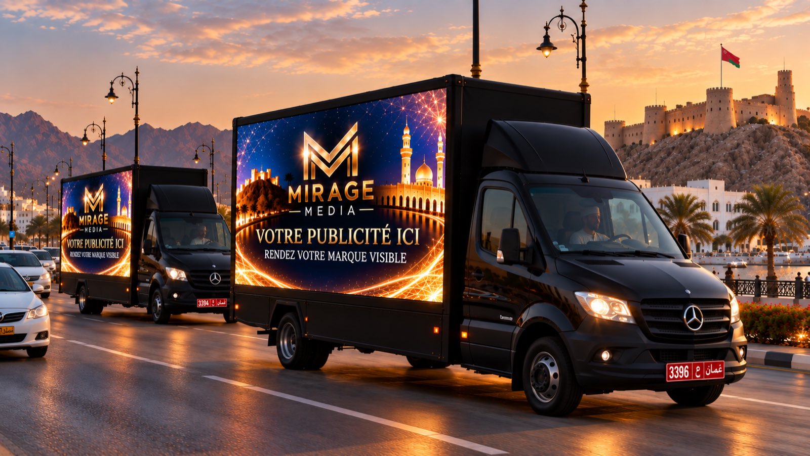 Camions LED Mirage à écrans numériques sur la corniche de Mascate (visuel de concept)